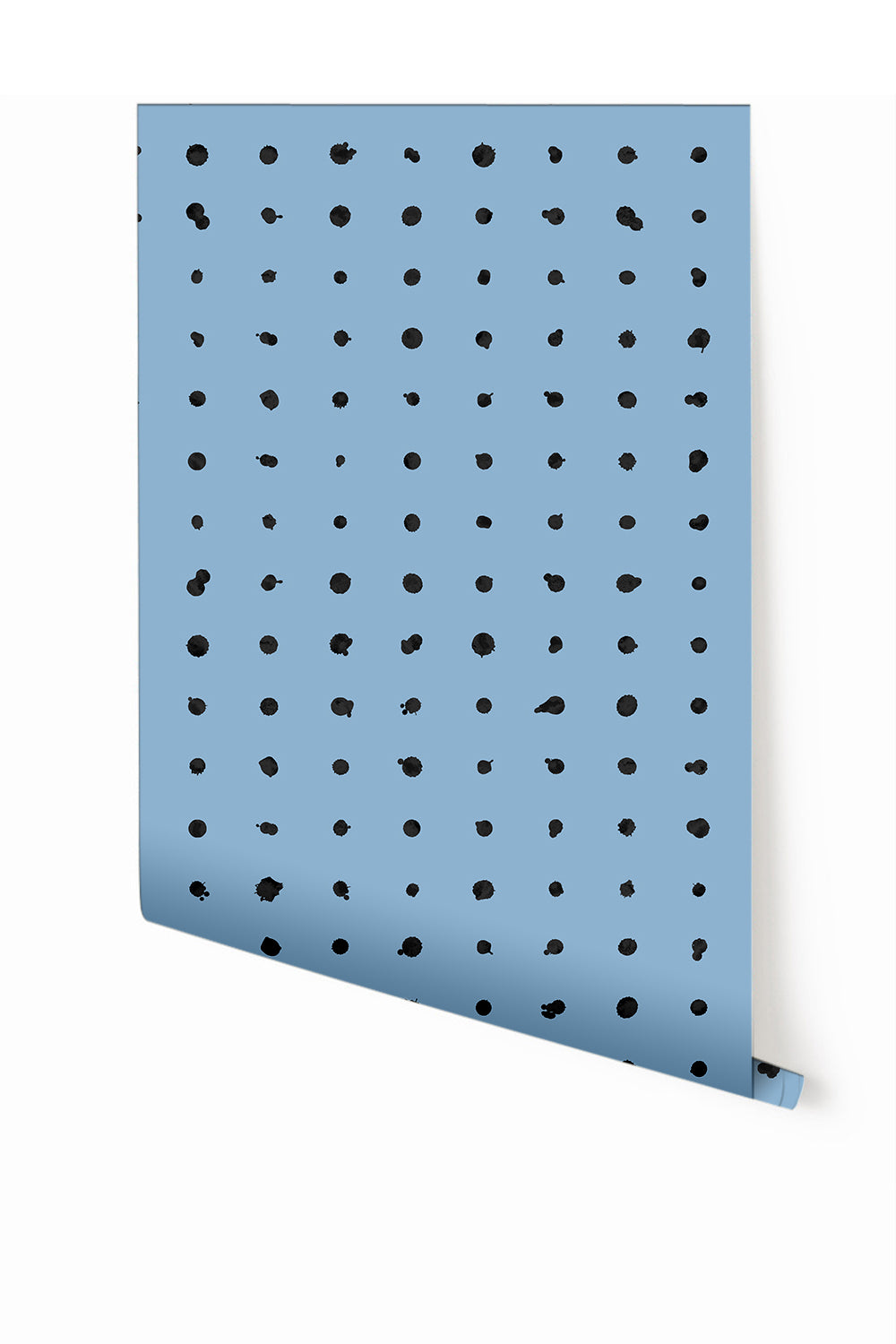 A roll of dotted line wallpaper in powder blue color with a geometric pattern from drop it MODERN.