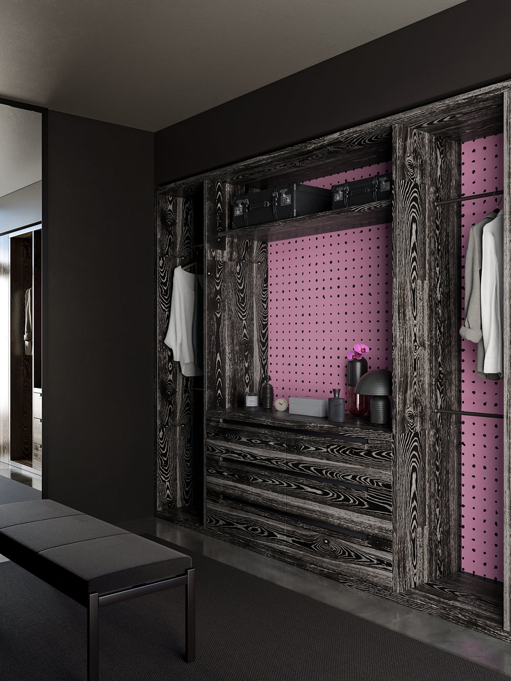 The Dotted Line© Wallpaper in Purple in a wardrobe from drop it MODERN.