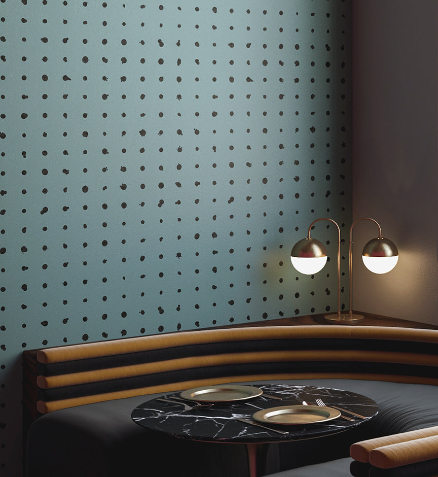 The Dotted Line© Wallpaper in Teal in a dining area from drop it MODERN.
