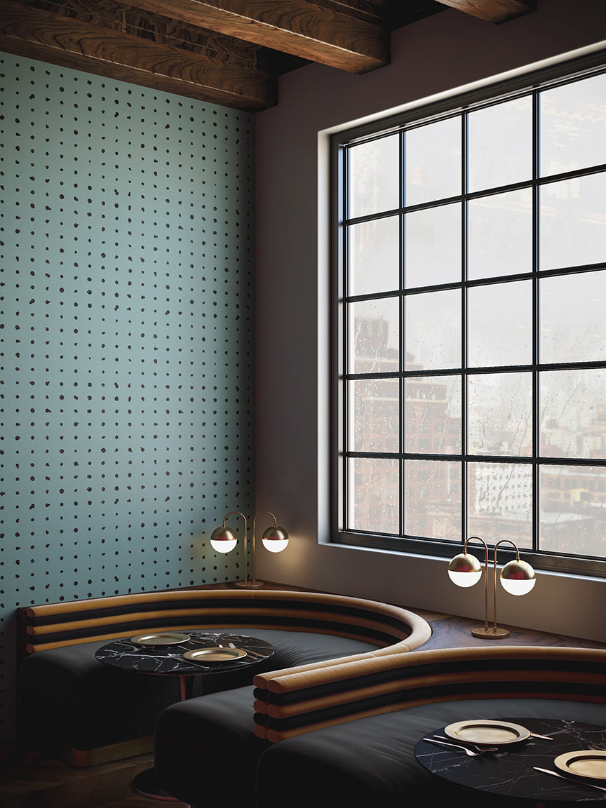 The Dotted Line© Wallpaper in Teal in a restarant from drop it MODERN.