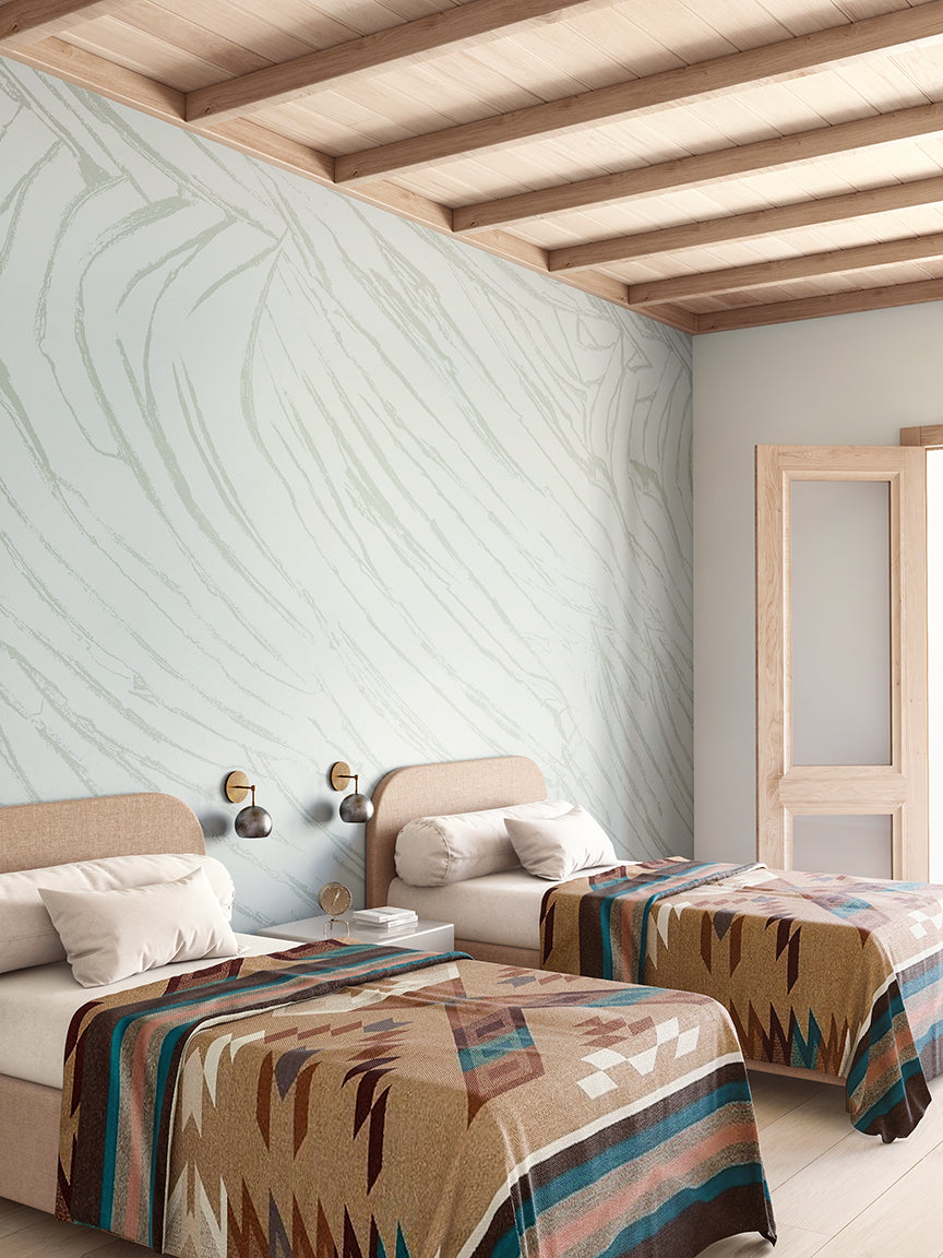 The Dune© Mural Wallpaper in Blue in a bedroom from drop it MODERN.