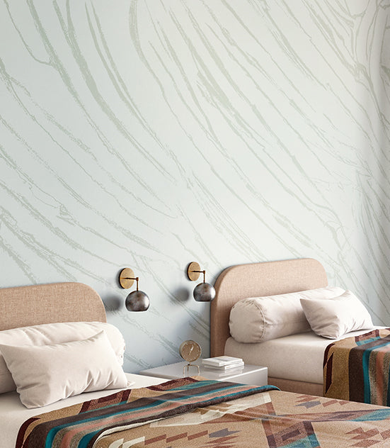 The Dune© Mural Wallpaper in Blue in a hotel room from drop it MODERN.