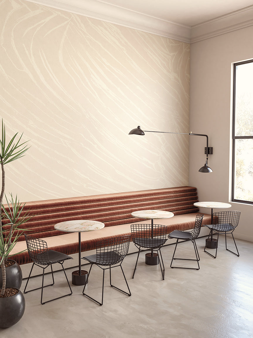 The Dune© Mural Wallpaper in sand in a restaurant setting from drop it MODERN.
