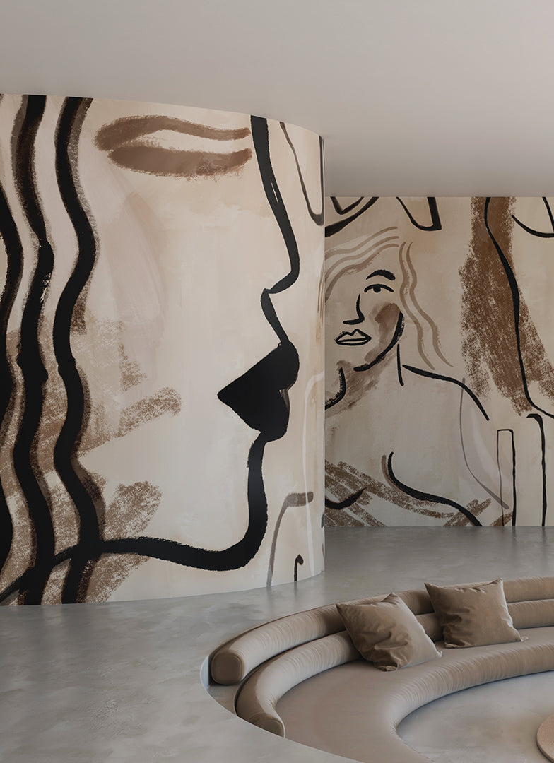 The Famke© Mural Wallpaper in Earth in a lobby area from drop it MODERN.