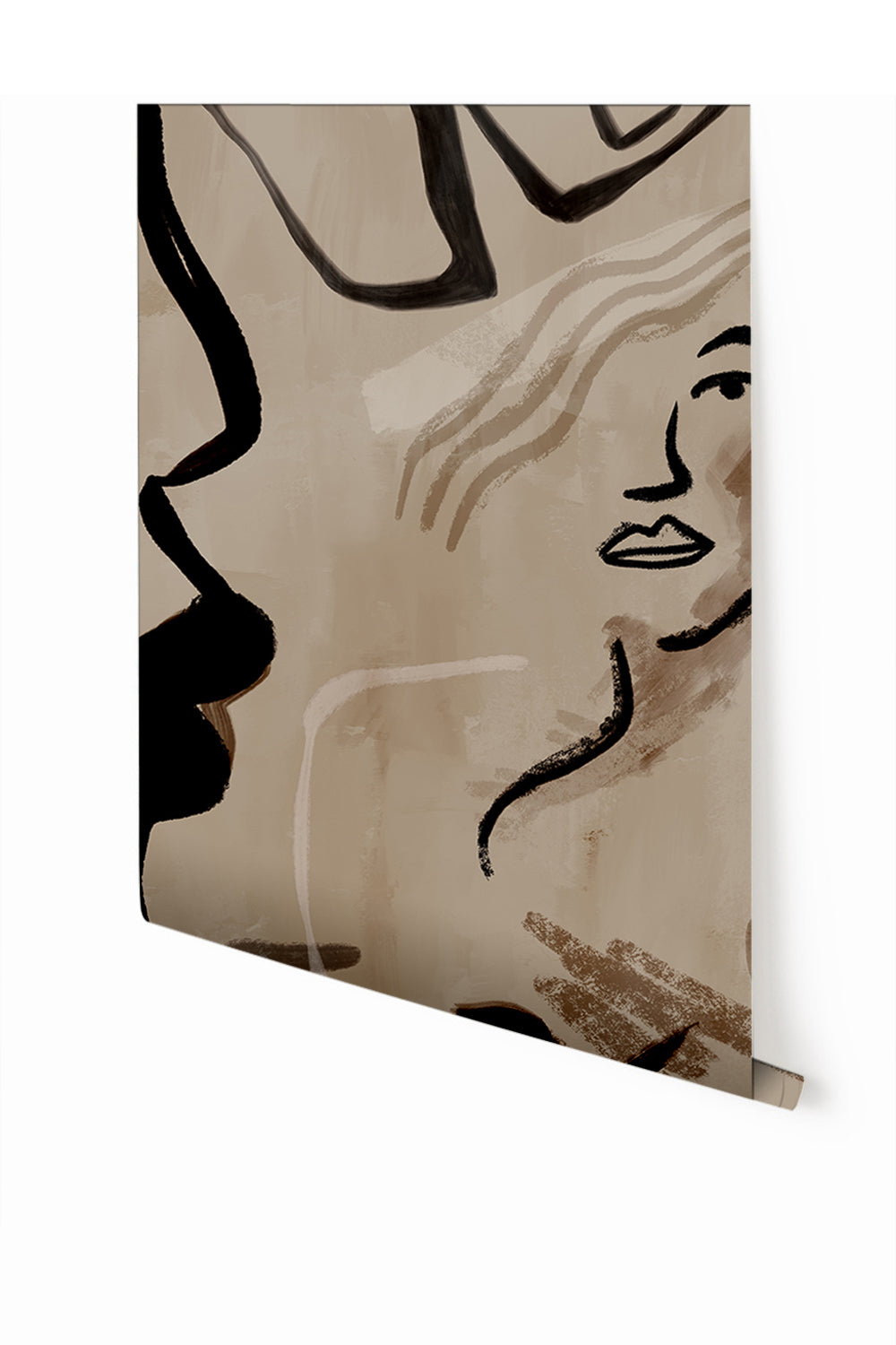 A section of mural wallpaper depicting an abstract face in beige, brown, and black tones on a white background from drop it MODERN.