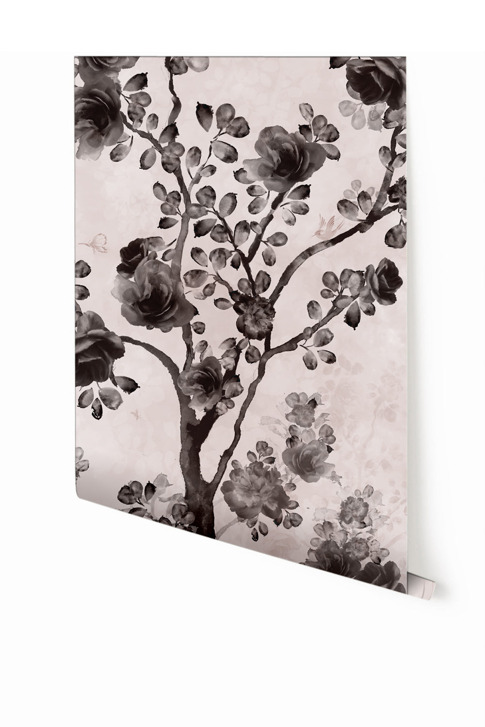 A section of mural wallpaper depicting a floral pattern with beige, black, and white colors from drop it MODERN.