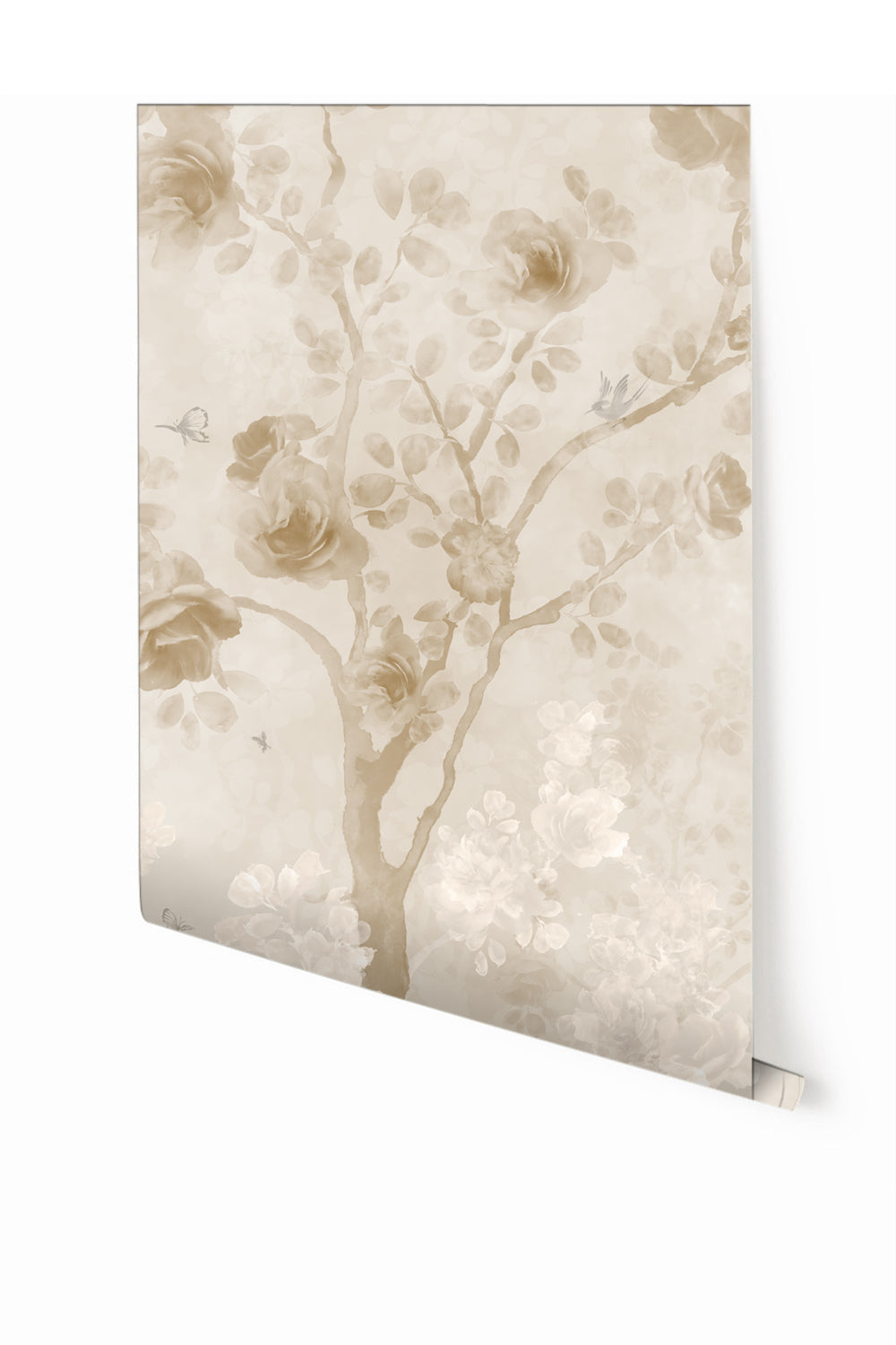 A section of mural wallpaper depicting a tree with beige and white tones against a creme background from drop it MODERN.