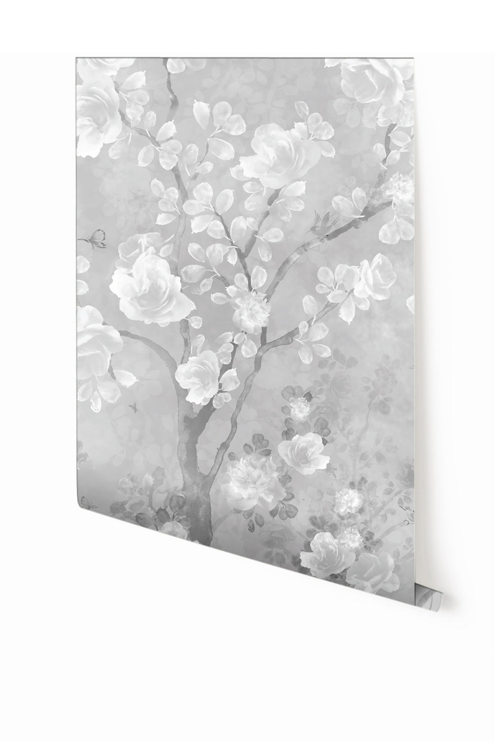 A section of a grey floral mural wallpaper with a focus on the design details from drop it MODERN.