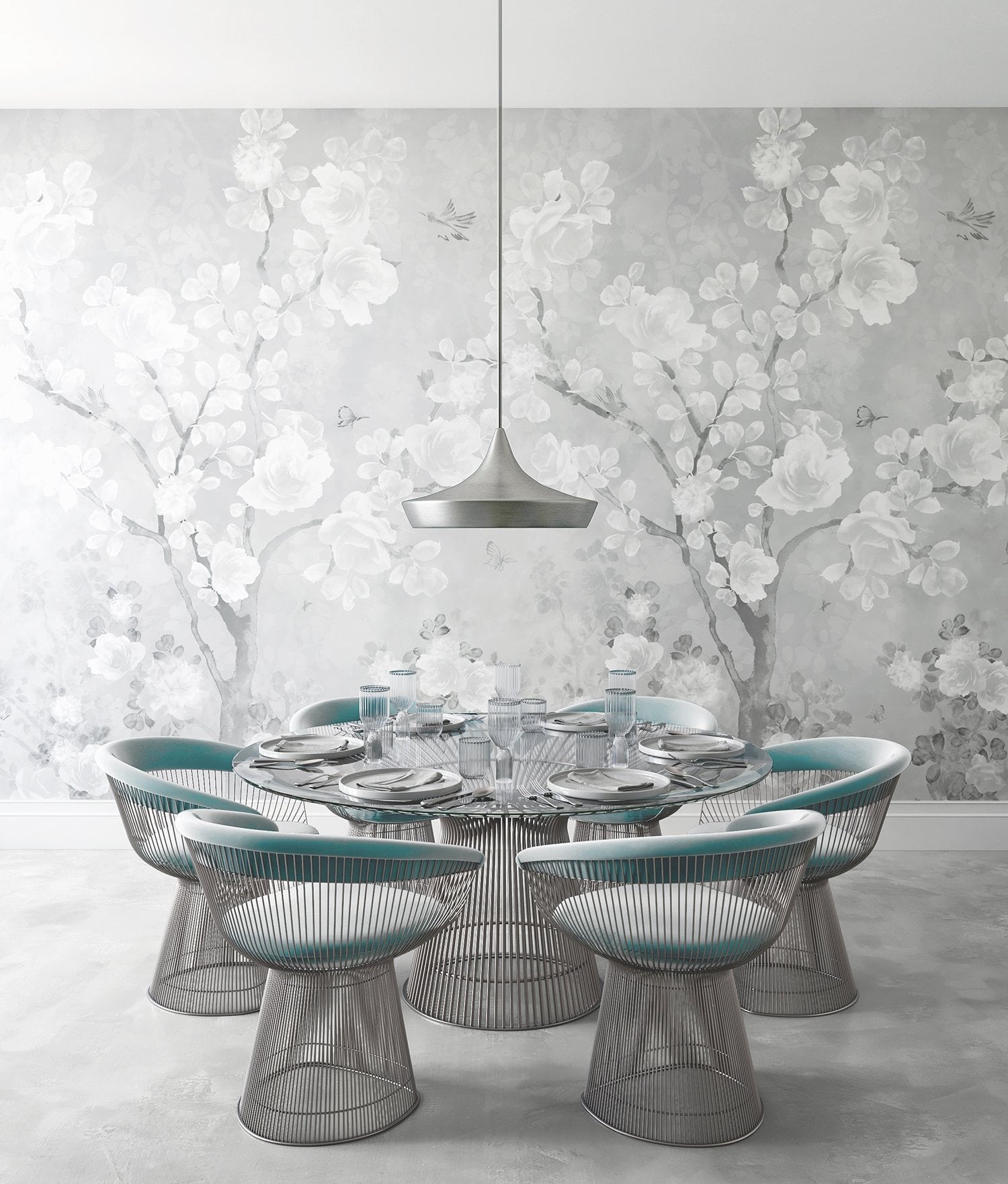 The Eden© Mural Wallpaper in Grey in a dining room from drop it MODERN.