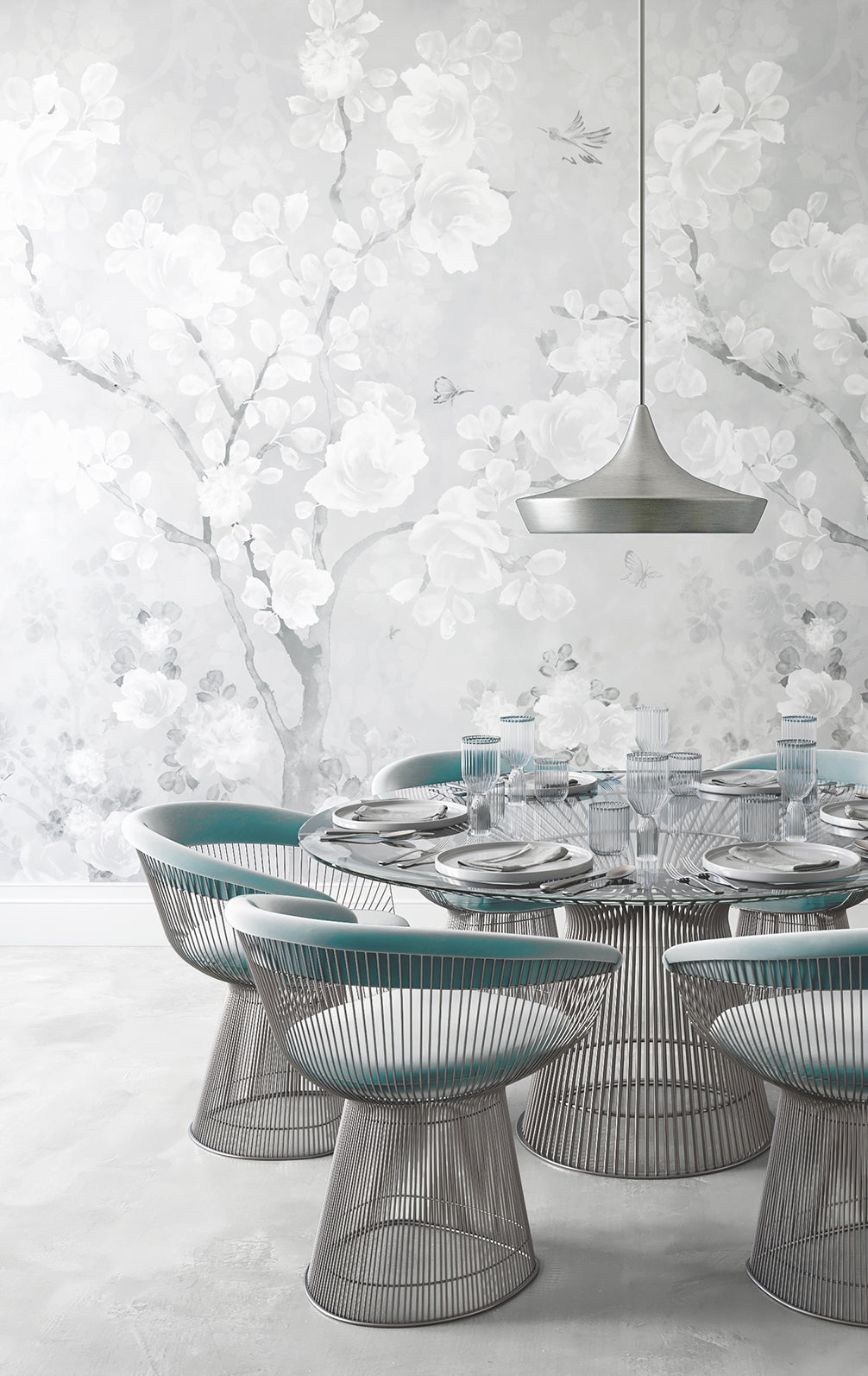 The Eden© Mural Wallpaper in Grey in a dining area from drop it MODEERN.