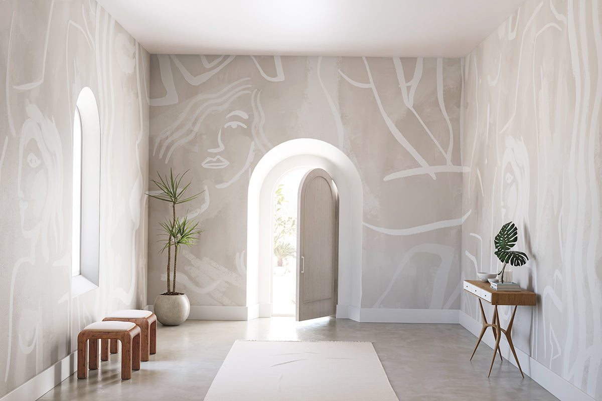 The Famke© Mural Wallpaper in Chalk in an entryway from drop it MODERN.