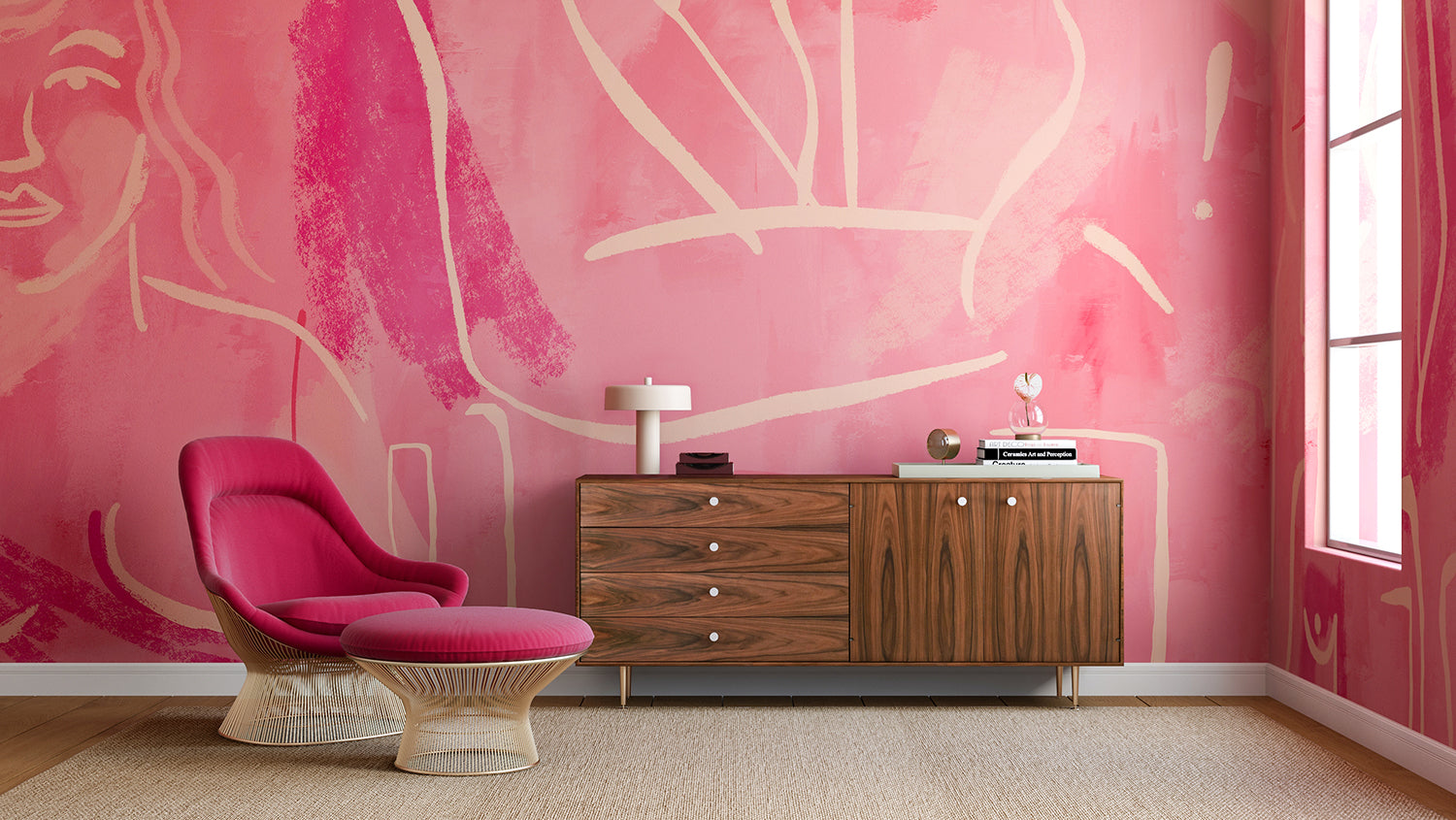 The Famke© Mural Wallpaper in Fuchsia in an interior from drop it MODERN.