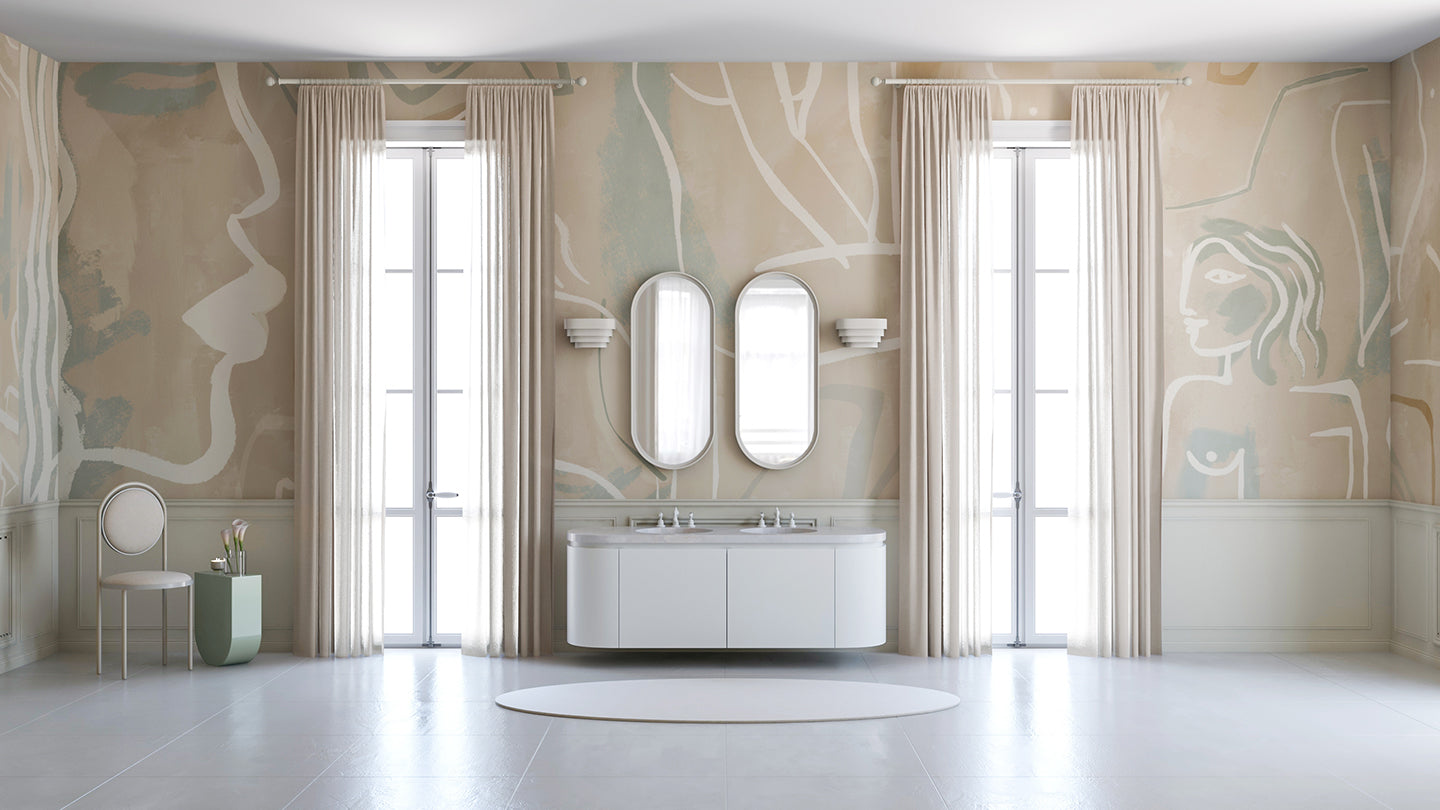 The Famke© Mural Wallpaper in Ocean in a master bathroom from drop it MODERN.