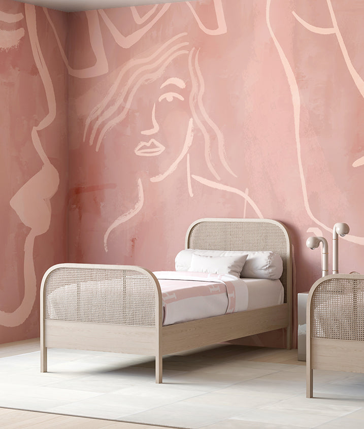 The Famke© Mural Wallpaper in Mauve in a bedroom from drop it MODERN.