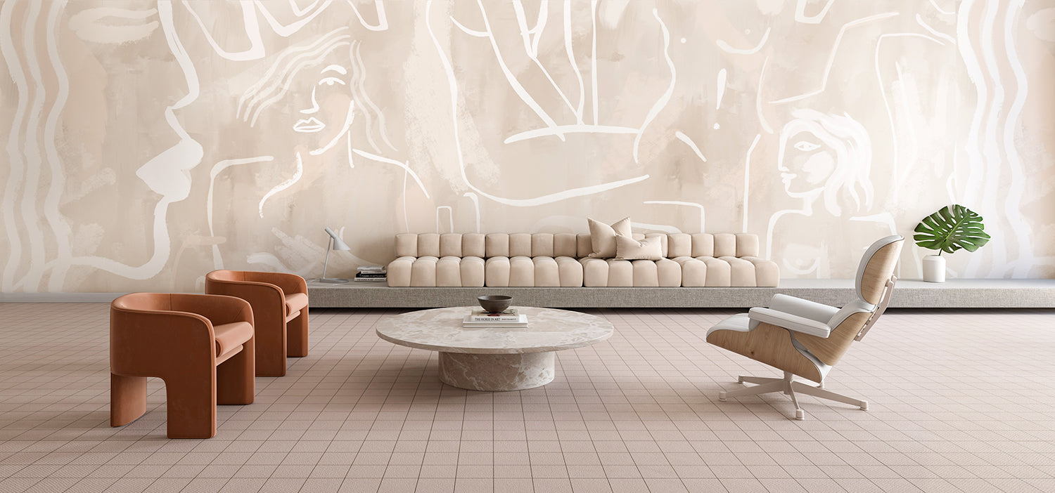The Famke© Mural Wallpaper in Sandstone in a lounge area from drop it MODERN.