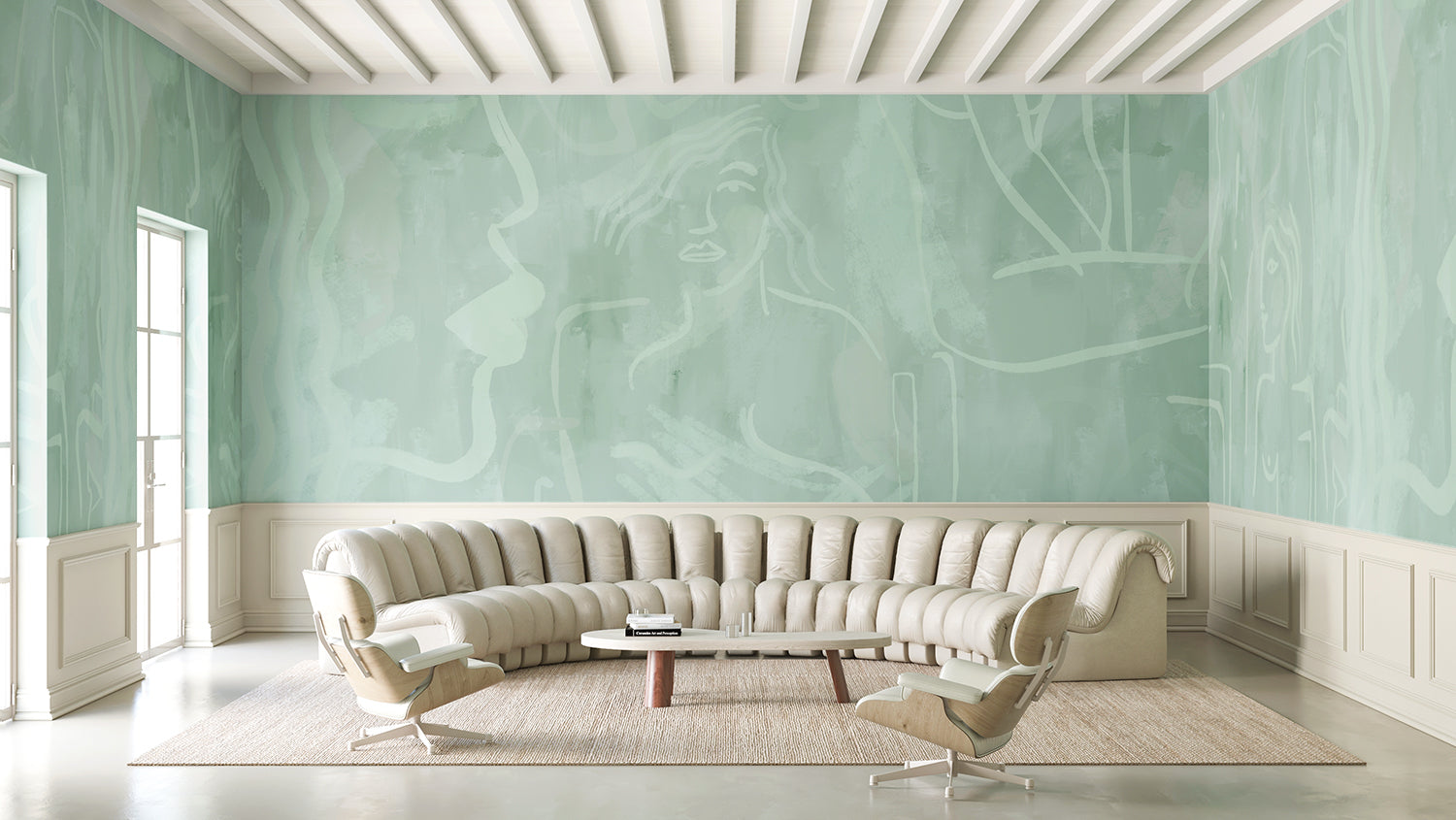 The Famke© Mural Wallpaper in Teal in a living room from drop it MODERN.