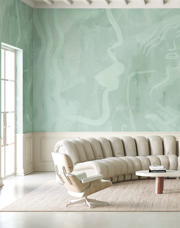 The Famke© Mural Wallpaper in Teal in an interior from drop it MODERN.