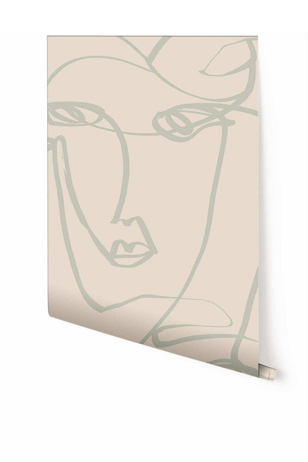A roll of untrimmed wallpaper featuring a geometric line art design of a female face in pastel green on a beige background from drop it MODERN.