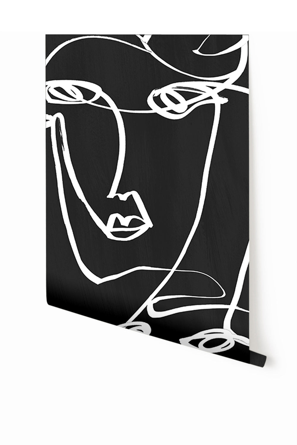 A roll of wallpaper featuring a black background with a white abstract line art illustration of a female face from drop it MODERN.