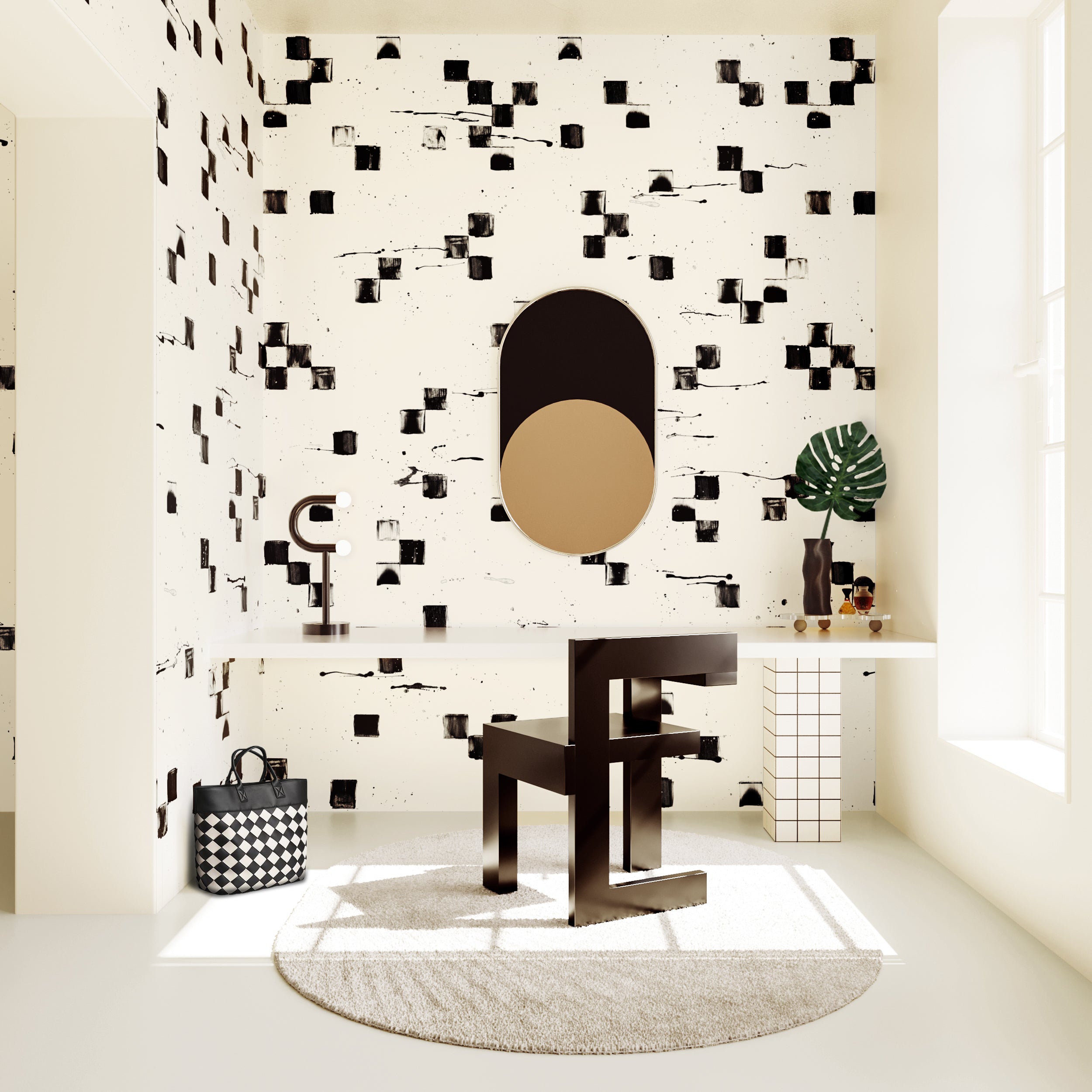 The Finali© Wallpaper in Black + Cremé in a desk setting from drop it MODERN.