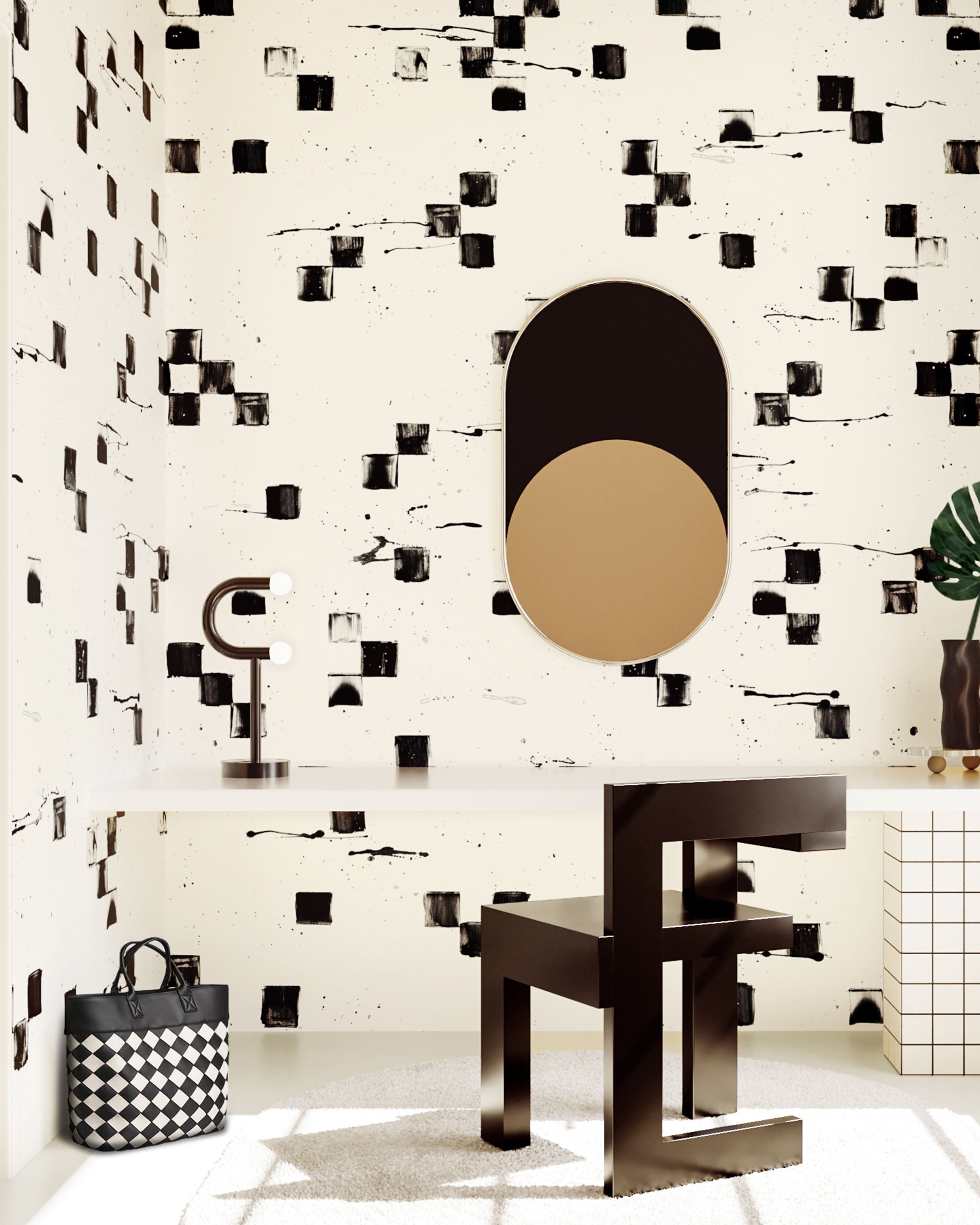 The Finali© Wallpaper in Black + Cremé in an interior from drop it MODERN