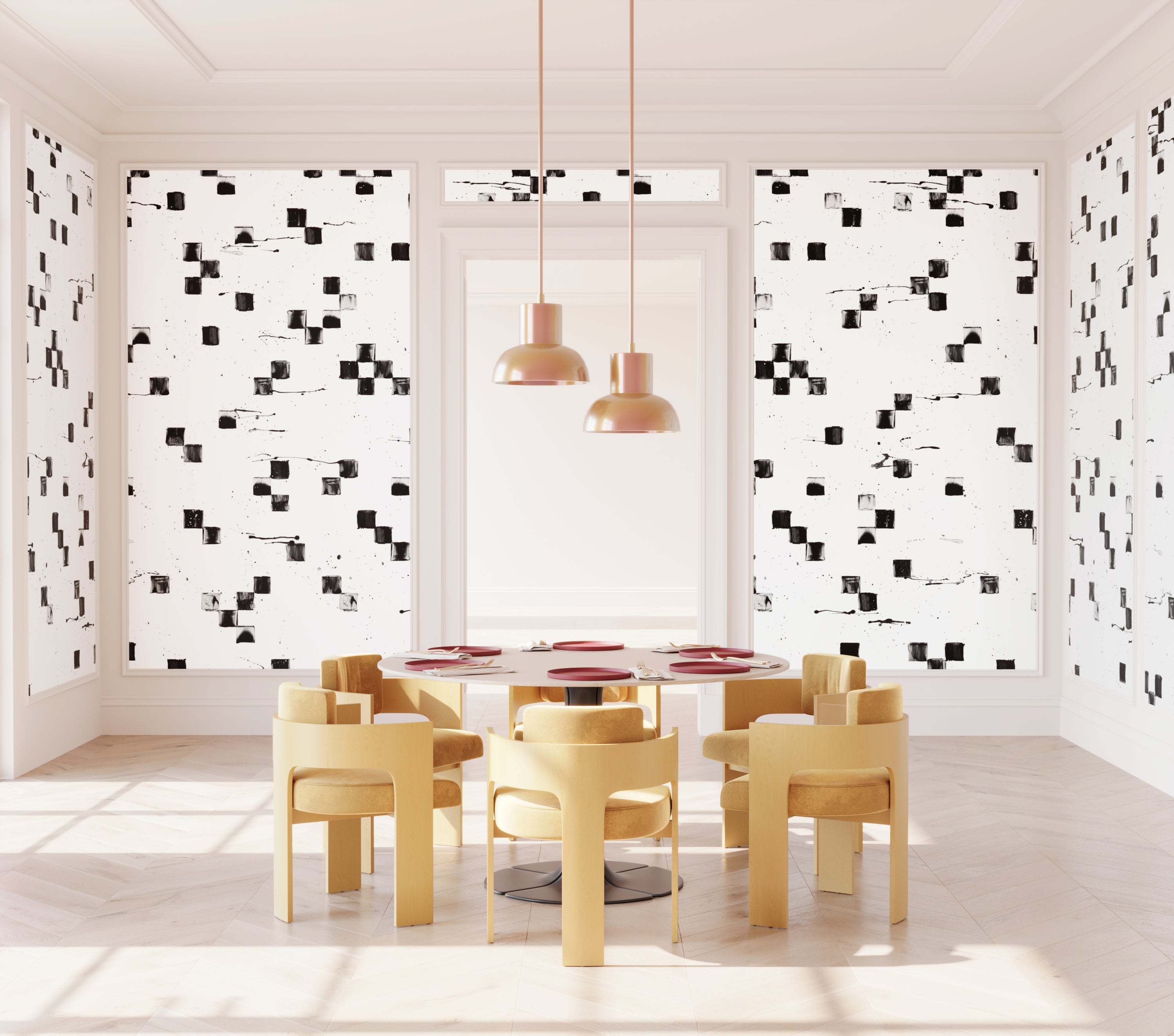 The Finali© Wallpaper in Black + White in a dining room setting from drop it MODERN.