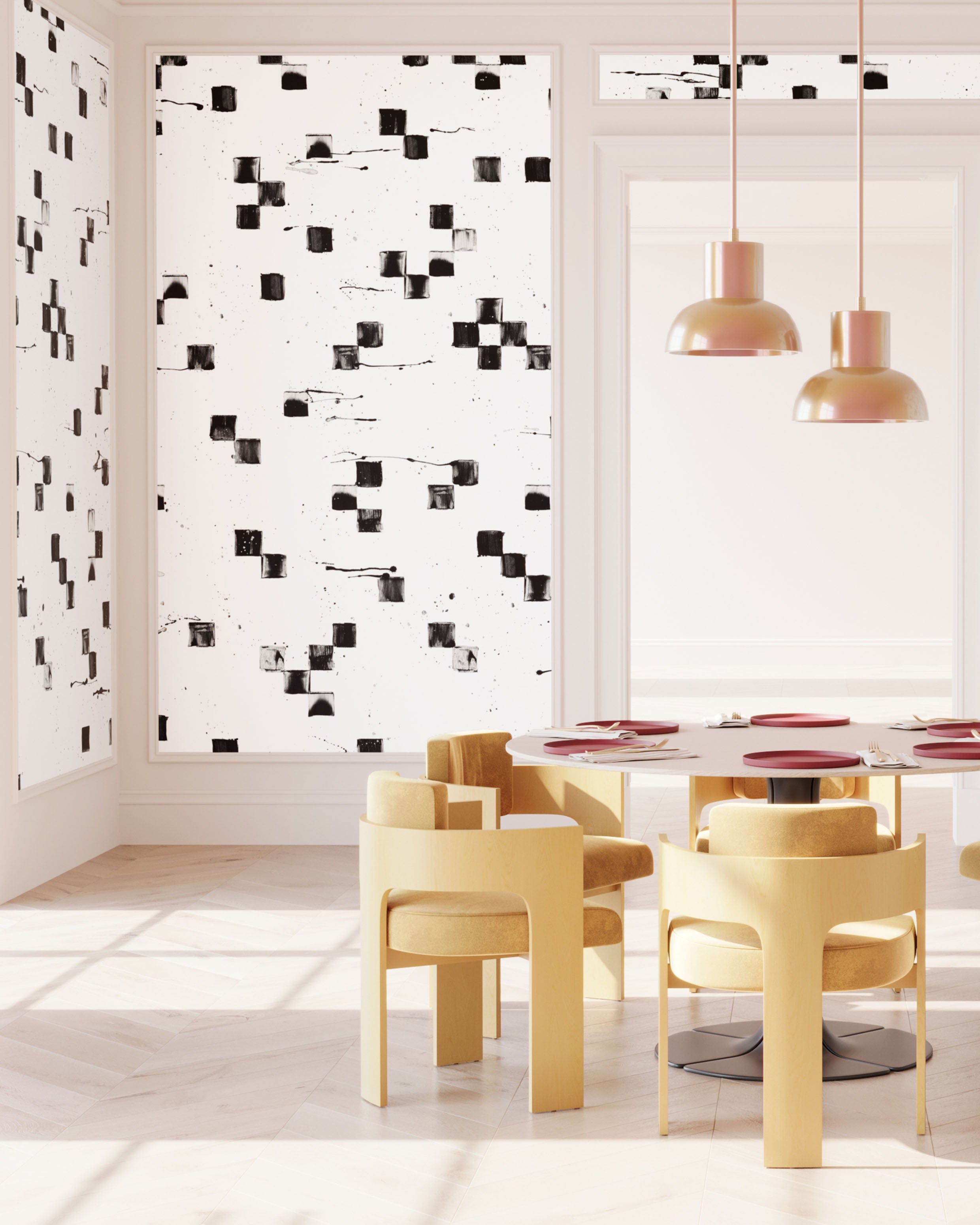 The Finali© Wallpaper in Black + White in a dining room setting from drop it MODERN.