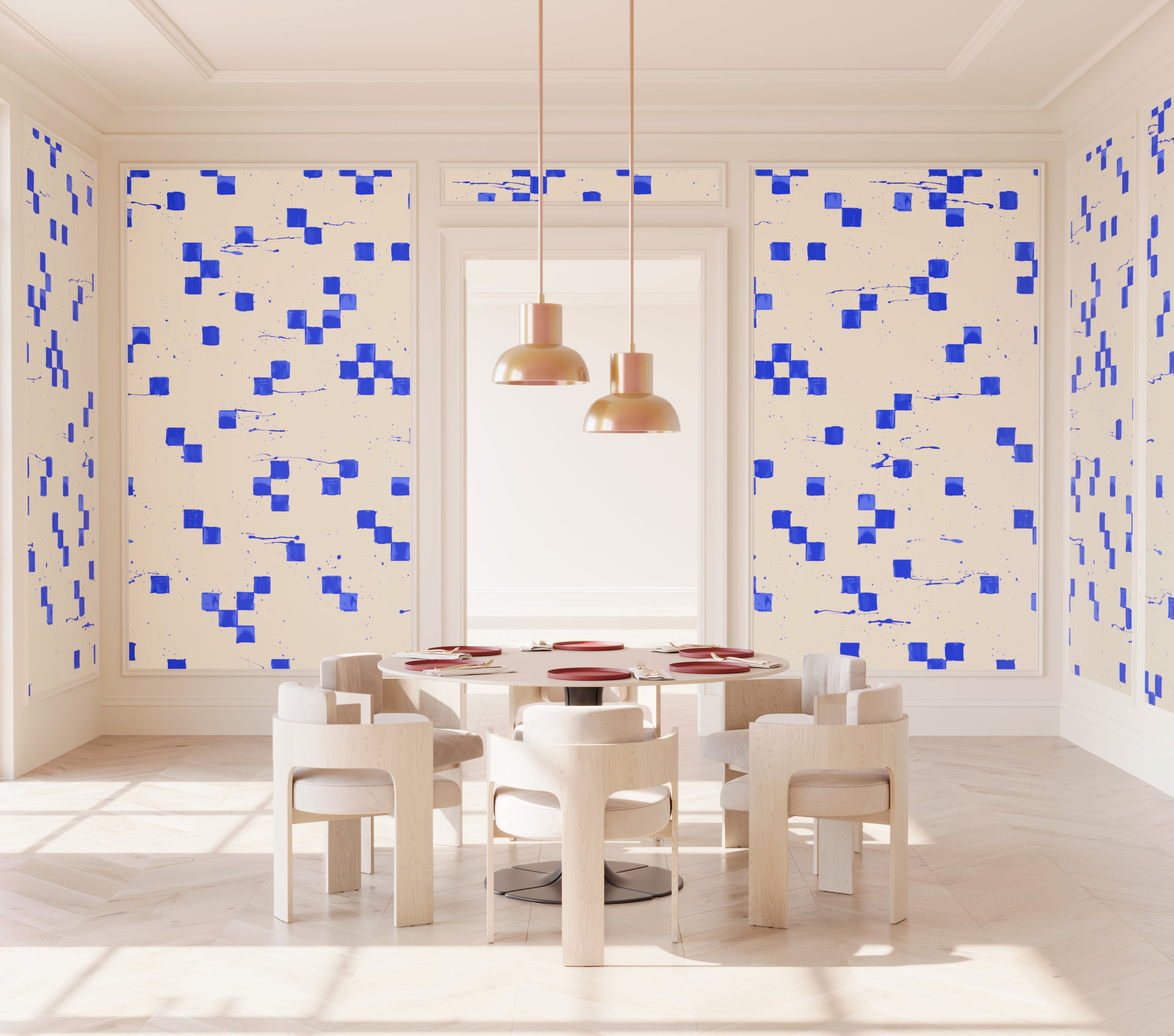 The Finali© Wallpaper in Cobalt in a dining room setting from drop it MODERN.