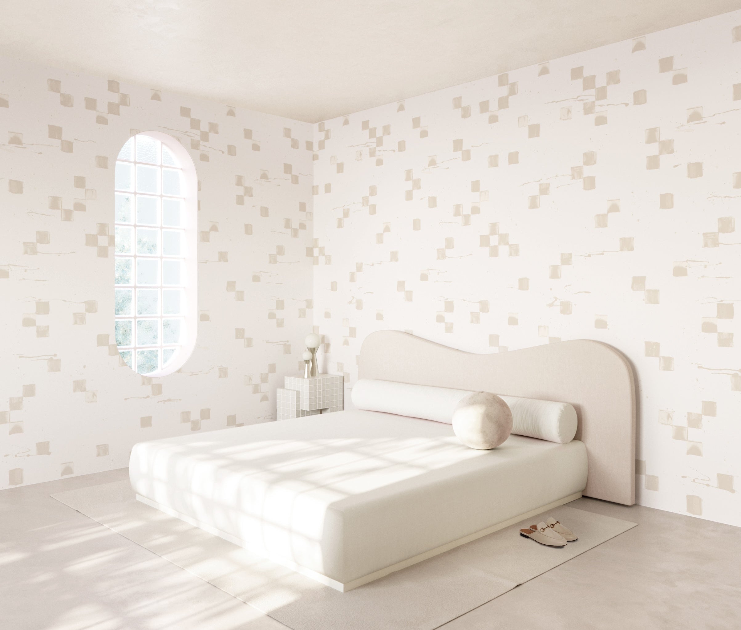 The Finali© Wallpaper in Cremé in a bedroom from drop it MODERN.