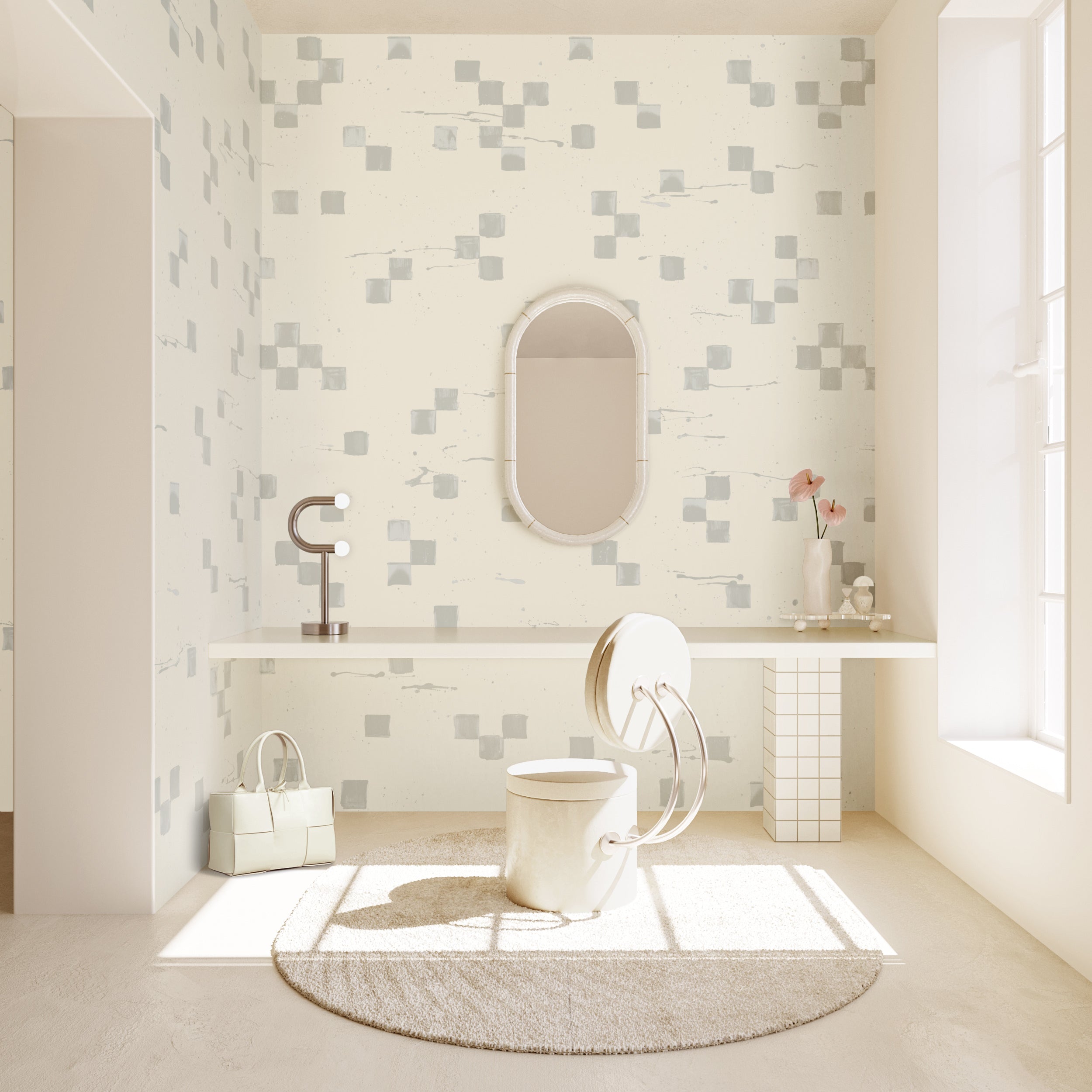 The Finali© Wallpaper in Fog in a vanity setting from drop it MODERN.