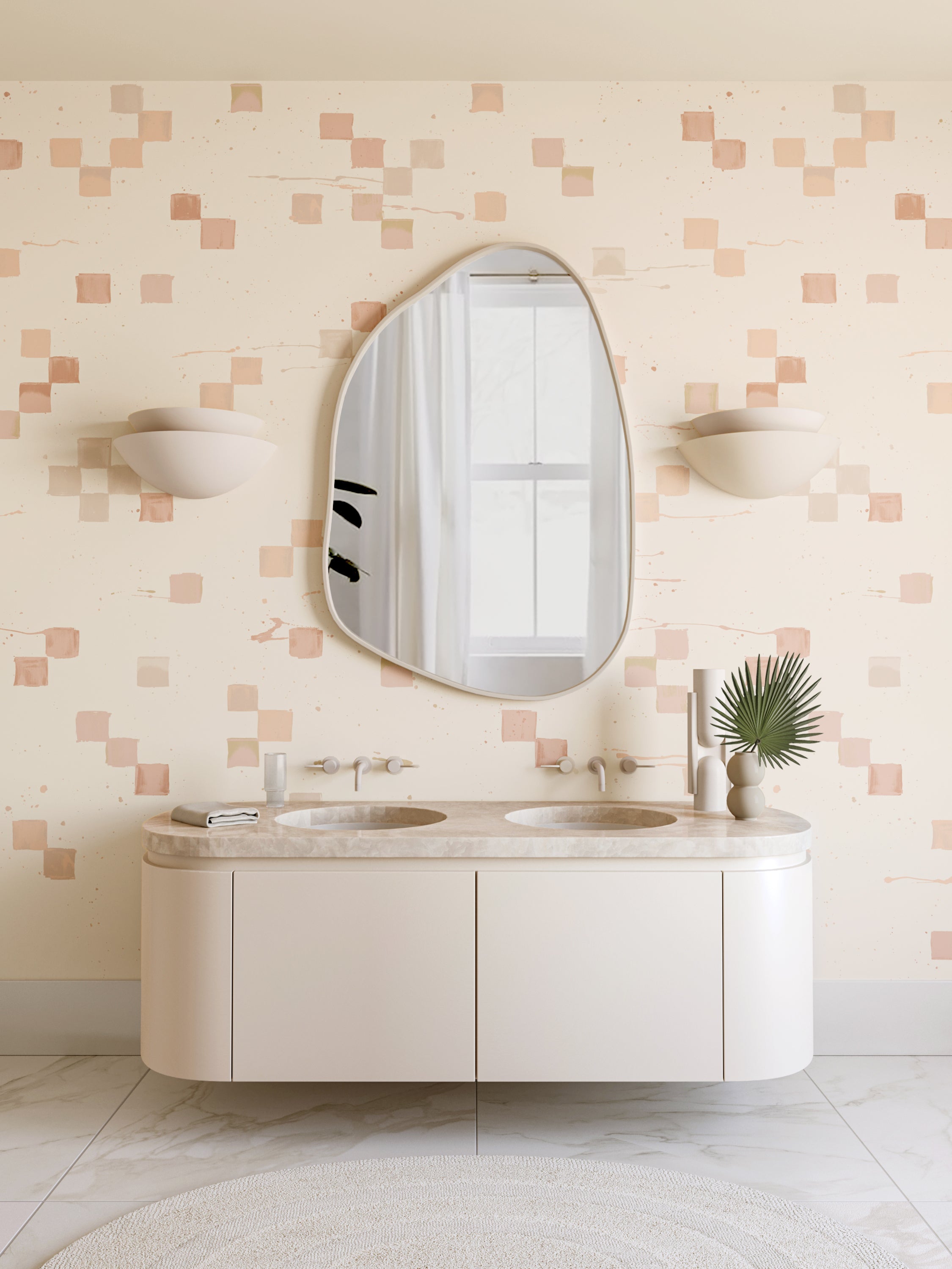 The Finali© Wallpaper in Rosebud in a bathroom from drop it MODERN.