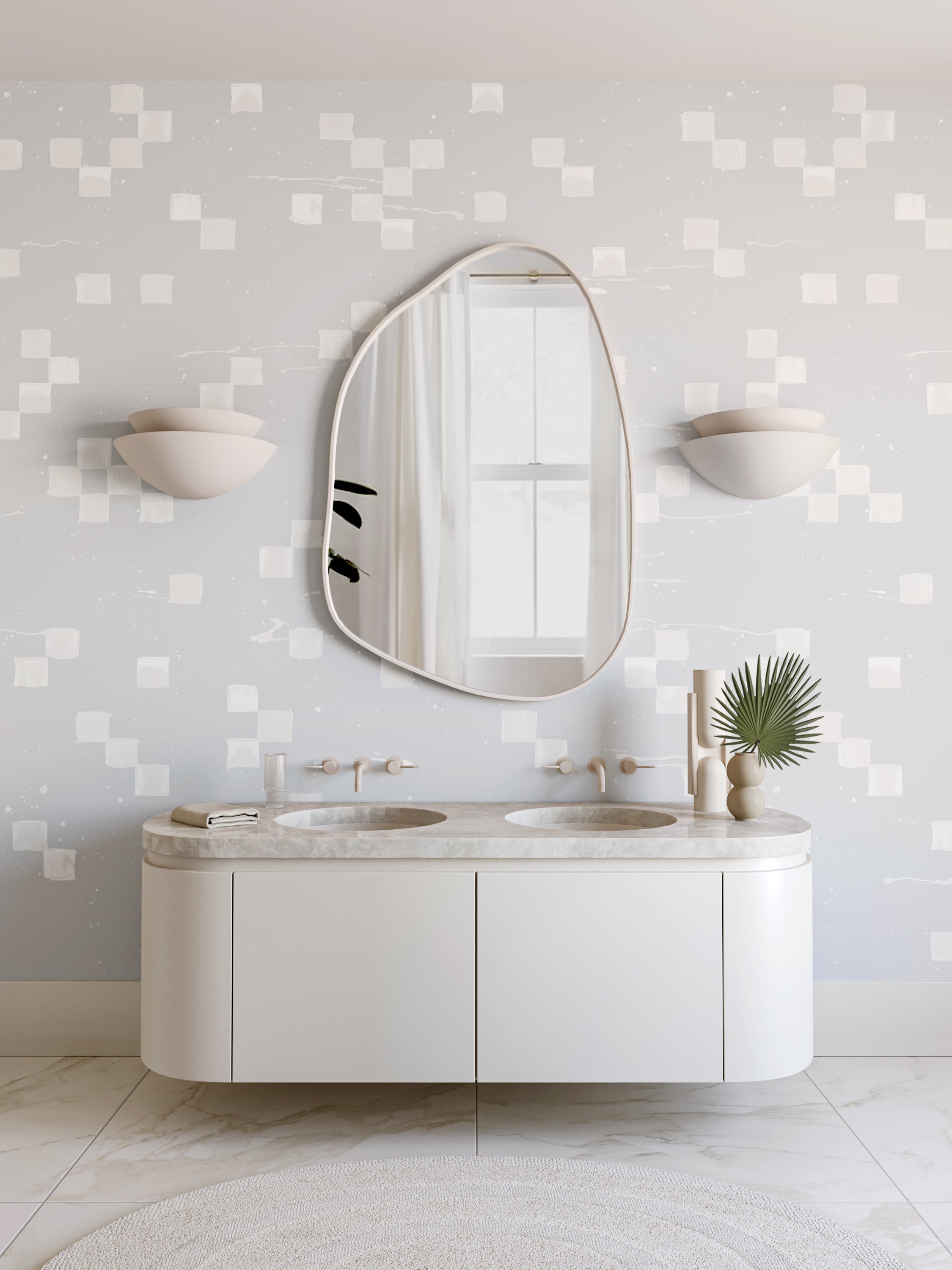 The Finali© Wallpaper in Warm Grey in a bathroom from drop it MODERN.