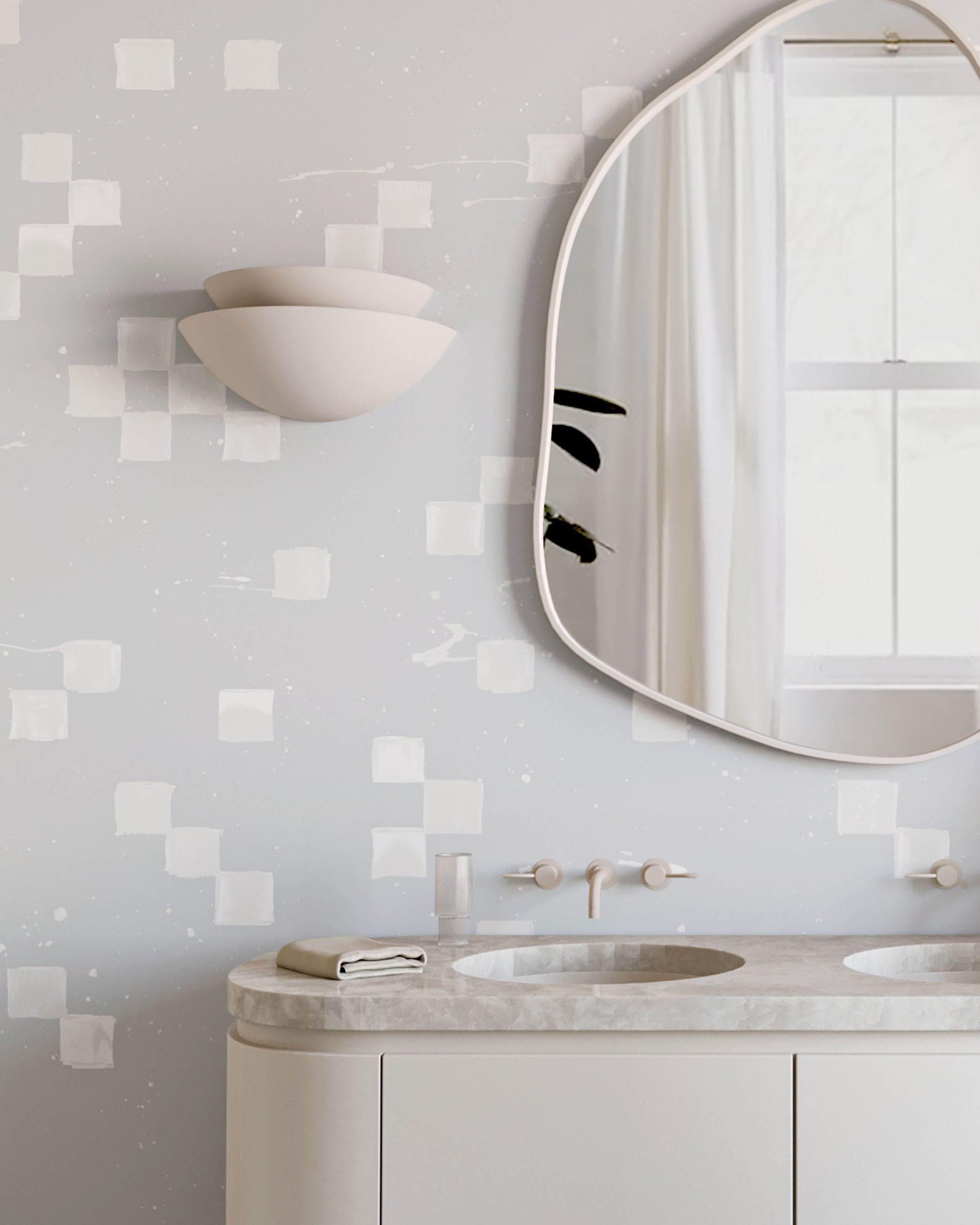 The Finali© Wallpaper in Warm Grey in an interior from drop it MODERN.