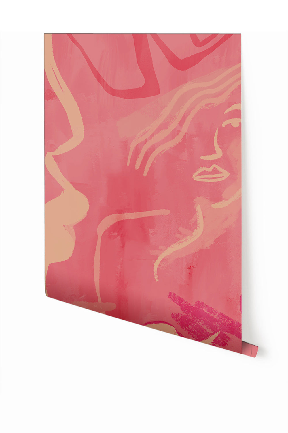 A roll of Famke Mural Wallpaper in fuchsia with a abstract design featuring what appears to be flowing lines and possibly female forms in pink and beige tones from drop it MODERN.