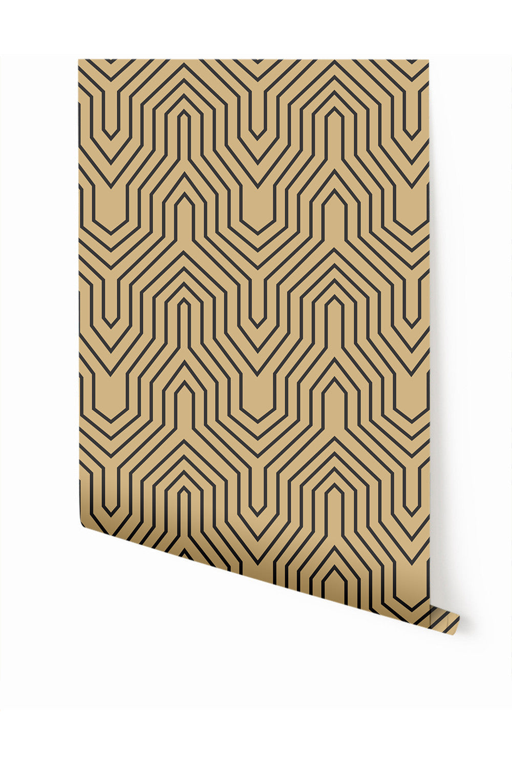A roll of geometric patterned wallpaper with a color description of banana, meaning yellow from drop it MODERN.
