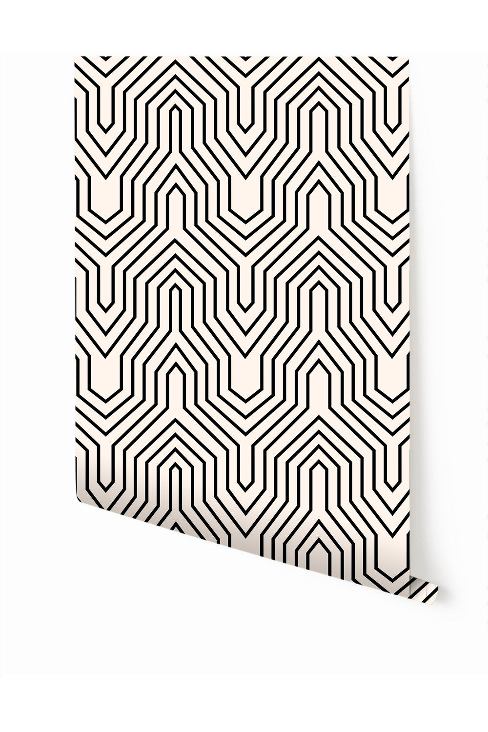 A roll of geometric patterned wallpaper featuring black and beige colors from drop it MODERN.