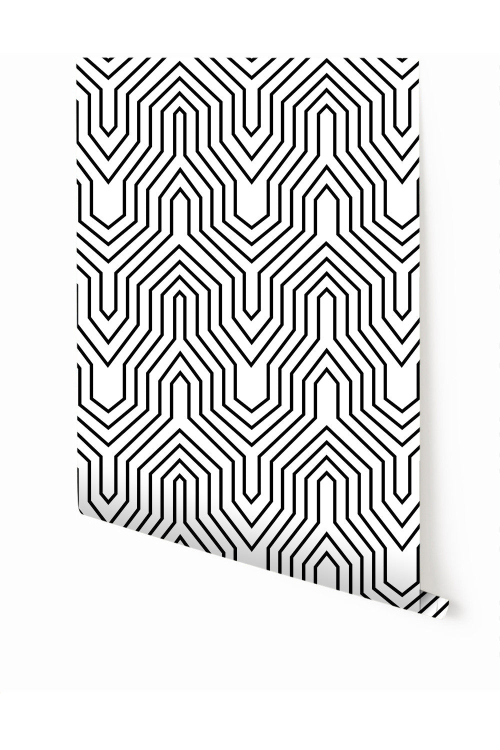 A black and white geometric patterned wallpaper from drop it MODERN.