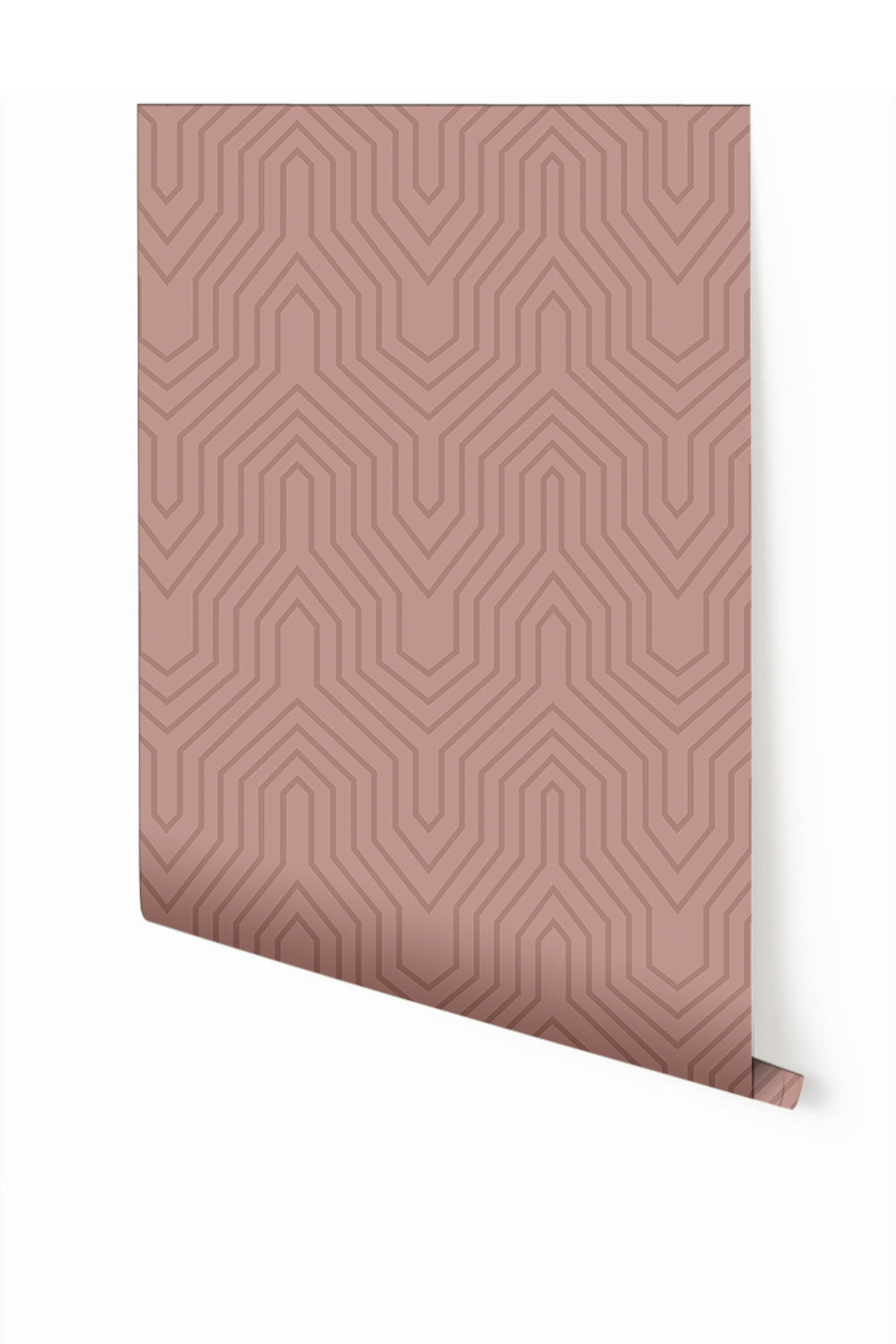 A roll of Gatsby wallpaper in mauve color with a geometric diamond pattern from drop it MODERN.