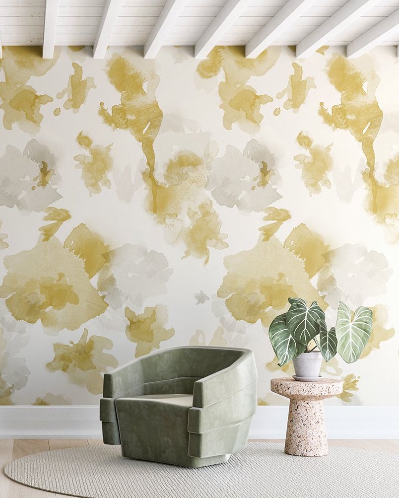 The In the Flowers© Wallpaper in Gold in a lounge from drop it MODERN