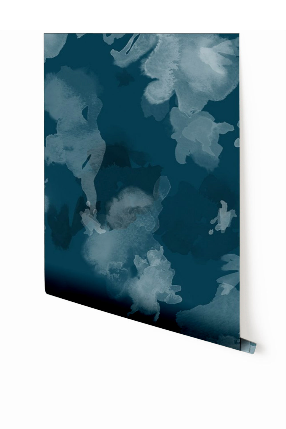 A roll of blue floral patterned wallpaper from drop it MODERN.