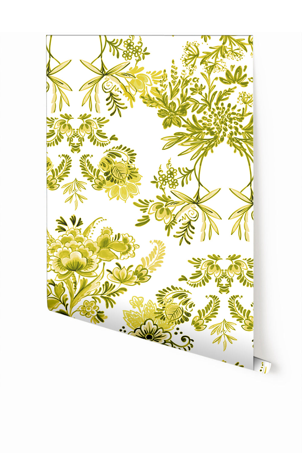 A roll of Delft© Mural Wallpaper in Lime with a floral pattern in green, yellow, and white colors from drop it MODERN.