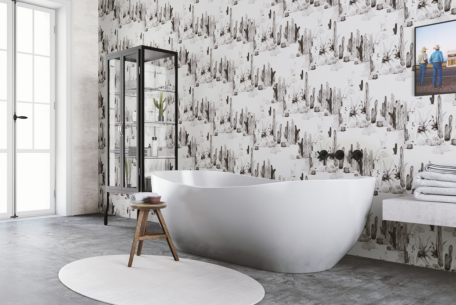 The Desert Llama© Wallpaper in Black + Cremé in a bathroom setting from drop it MODERN.