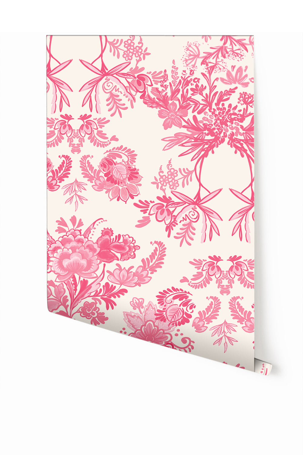 A roll of Delft Mural Wallpaper in Magenta with a floral pattern from drop it MODERN.