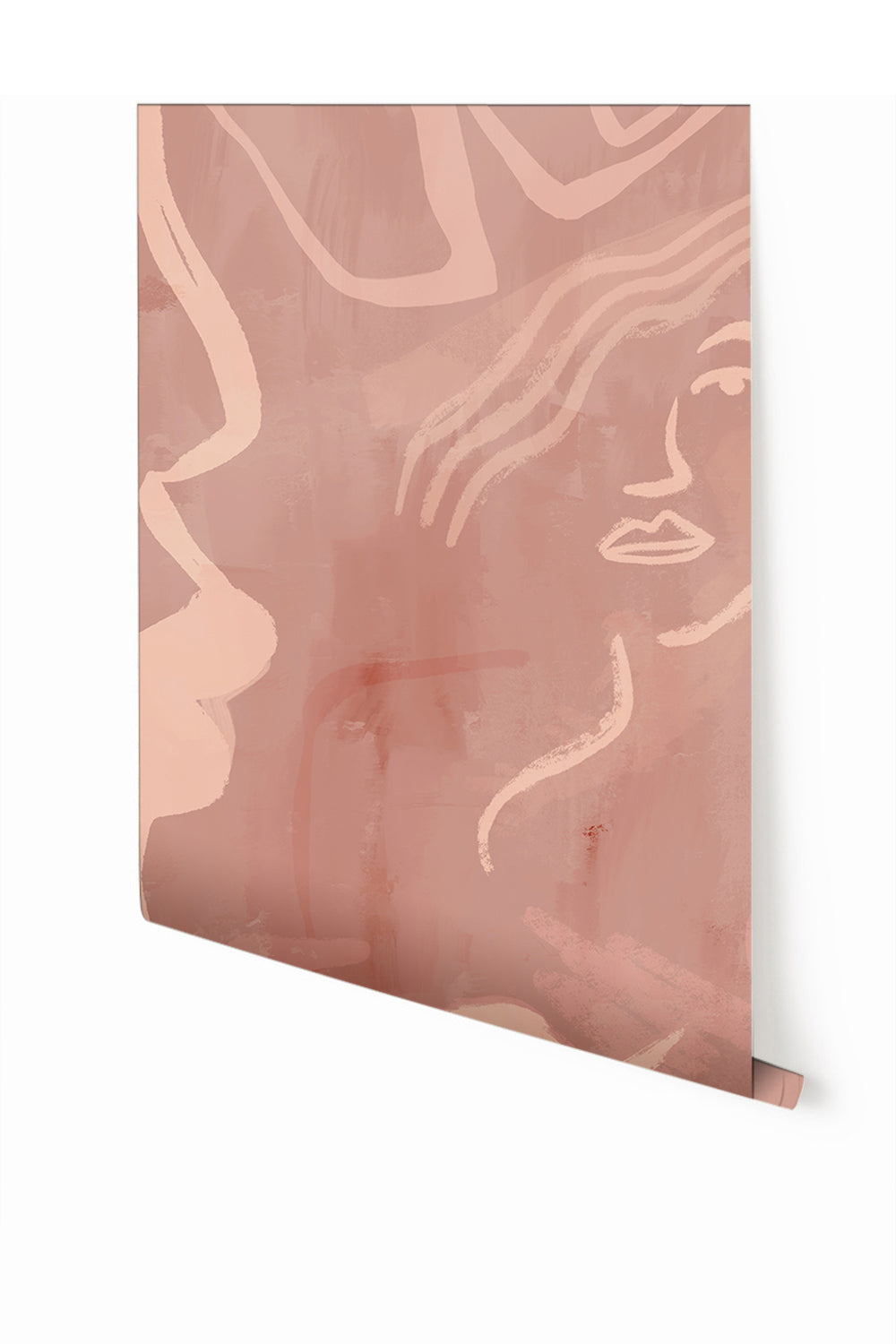A section of mural wallpaper depicting an abstract face in mauve colors from drop it MODERN.