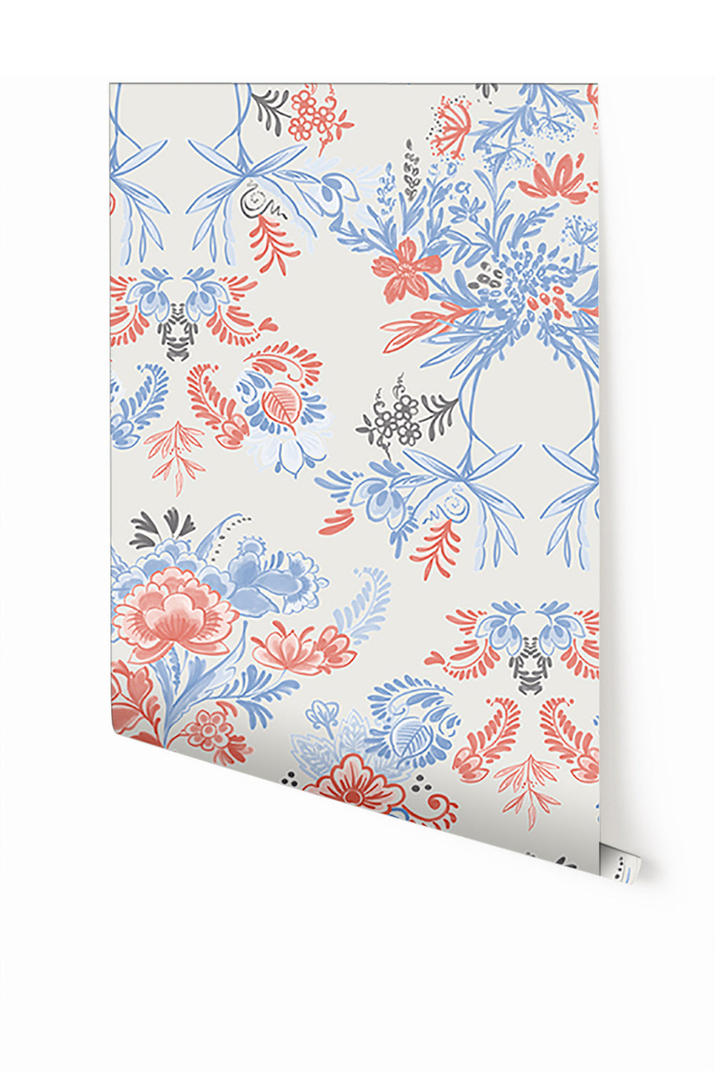 A roll of Delft Mural Wallpaper in multicolor with a floral pattern from drop it MODERN.