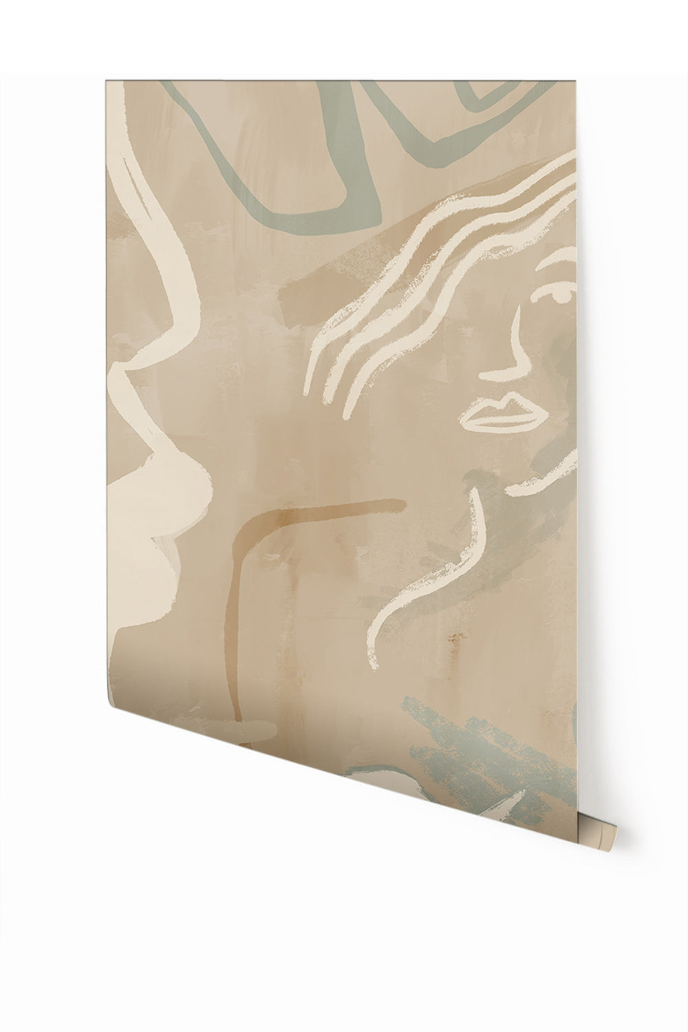 A section of mural wallpaper depicting abstract line art with beige, blue, green, and pastel colors on a neutral background from drop it MODERN.