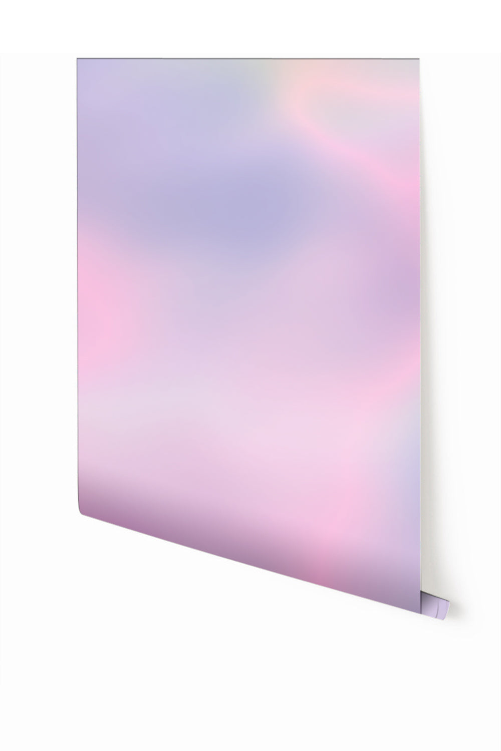 A panel of mural wallpaper depicting a color gradient with hues of purple, pink, and white, with a visible selvage on the side indicating it is untrimmed from drop it MODERN.