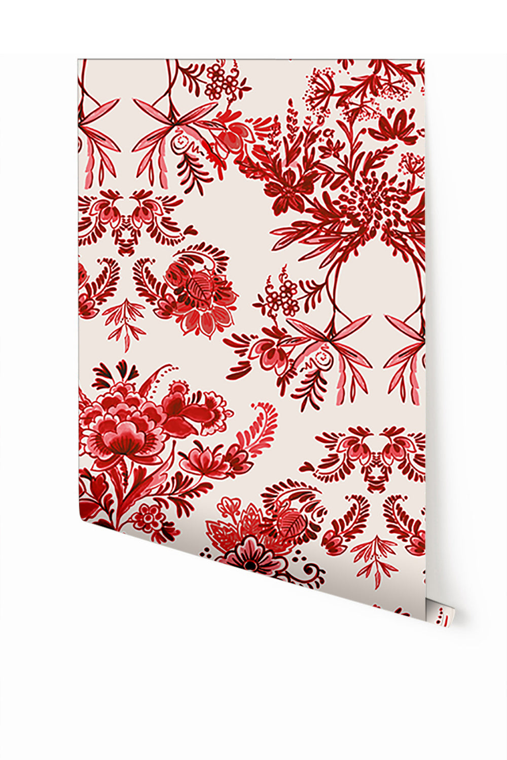 A section of red and white floral patterned wallpaper from drop it MODERN.