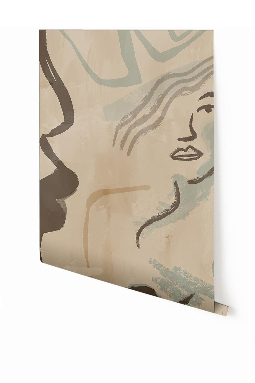 A section of mural wallpaper depicting abstract line art with beige, blue, brown, and green colors from drop it MODERN.