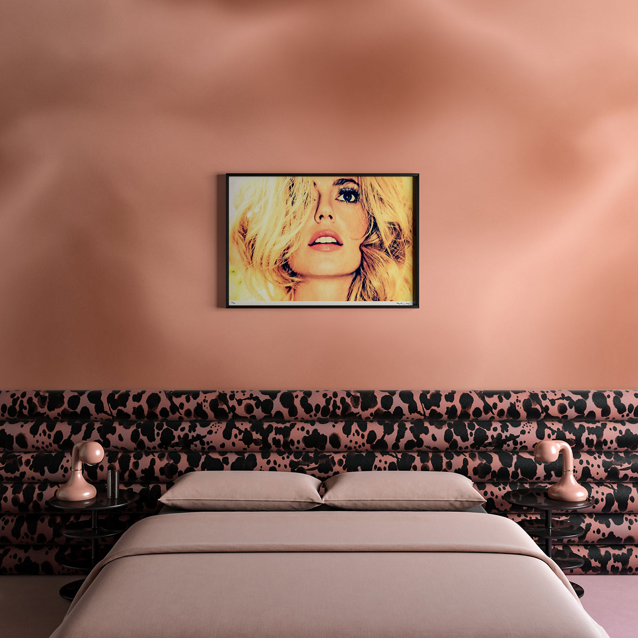 The Electricity© Mural Wallpaper in Retro Rosegold in a bedroom from drop it MODERN.